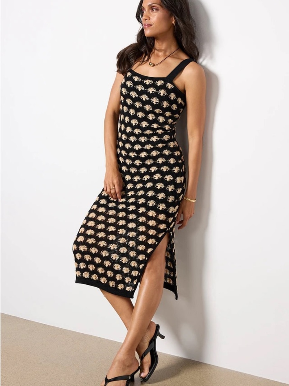 NWOT Evereve Black Knit Midi Dress with Cream Motif